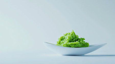 A small serving of wasabi paste on a white spoon, isolated on a white background, showing off the vibrant green color and smooth consistencyの素材