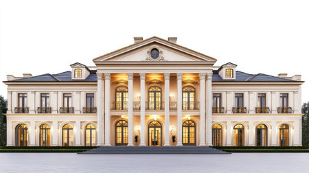 A large mansion with a grand entrance, detailed architecture, and sprawling grounds, isolated on a white background, showcasing luxury livingの素材