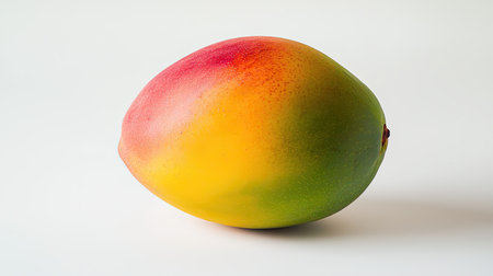 A whole mango with a gradient color from green to yellow, isolated on white, symbolizing ripeness and tropical sweetnessの素材