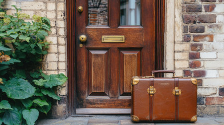 A vintage suitcase placed at a doorstep, symbolizing returning from a journey.の素材