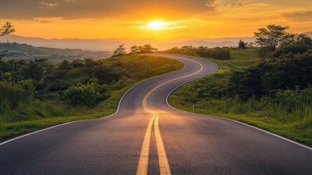 A winding road leading towards a golden sunrise, symbolizing strategic success and long-term planning.の素材