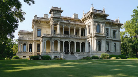 A grand historic mansion exterior with intricate architecture, a manicured lawn, and towering columns.の素材