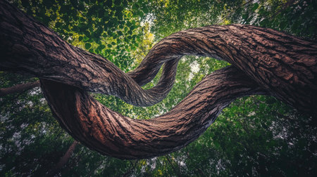 Two intertwined tree trunks in a dense forest, symbolizing unity and connection.の素材