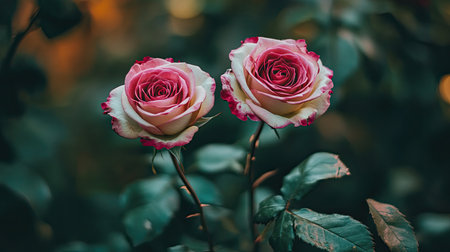 Two roses growing side by side with intertwining stems, symbolizing closeness.の素材