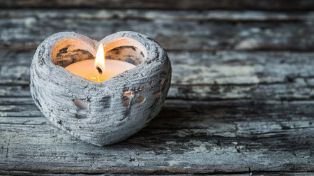 A glowing candle in the shape of a heart on a rustic wooden table.の素材