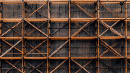 Aerial shot of a construction scaffolding grid with intersecting metal bars.の素材