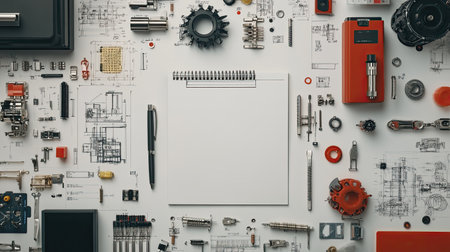 Aerial shot of an engineering workspace with a notepad, pen, and mechanical parts.の素材