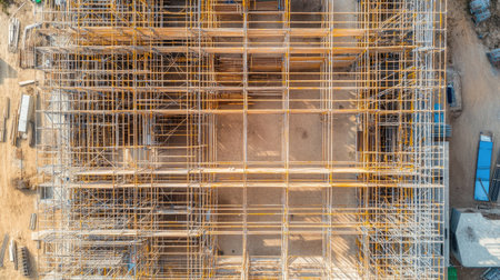 Aerial shot of modular scaffolding units arranged symmetrically.の素材