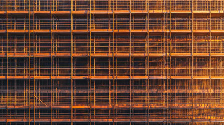 Aerial shot of a construction scaffolding arrangement casting symmetrical shadows.の素材