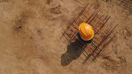 Aerial view of a construction site with a single hard hat placed on an unfinished structure.の素材