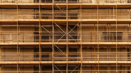 Aerial view of a complex scaffolding system wrapping around an unfinished building, emphasizing construction engineering.の素材