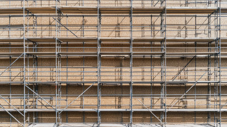 Aerial shot of a construction scaffolding arrangement casting symmetrical shadows.の素材