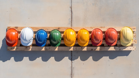 Aerial shot of multiple hard hats in different colors lined up on a wooden pallet.の素材