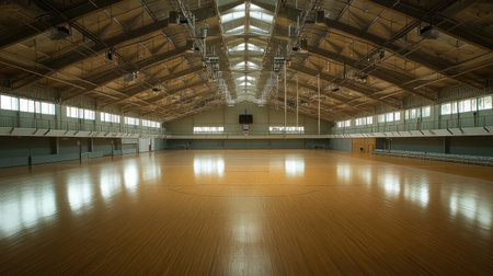 An empty multi-purpose indoor arena with a smooth wooden floor, perfect for basketball, volleyball, and other sports.の素材