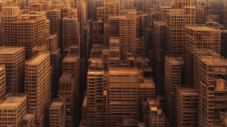 Aerial shot of stacked scaffolding platforms and modular supports.の素材