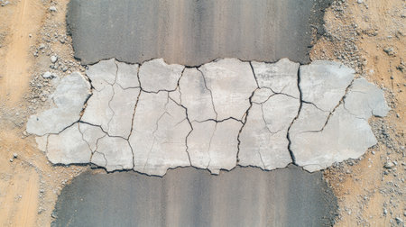 Aerial view of raw concrete with deep cracks and rough texture, ideal for construction and demolition themes.の素材