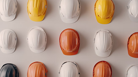 Aerial view of multiple hard hats arranged symmetrically on a clean, neutral background.の素材
