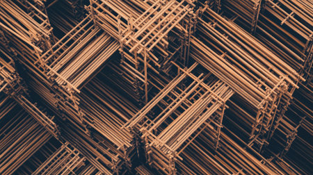 Aerial view of a pile of dismantled scaffolding planks and steel frames.の素材