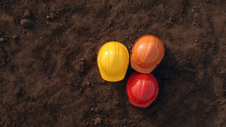 Aerial view of three different colored hard hats stacked on top of each other on a rough surface.の素材