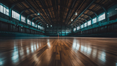 An empty multi-purpose indoor arena with a smooth wooden floor, perfect for basketball, volleyball, and other sports.の素材
