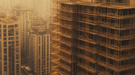 Aerial view of a large-scale construction site with scaffolding covering multiple levels of an unfinished building.の素材