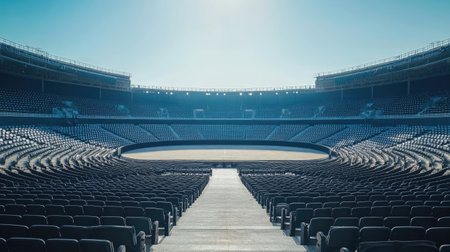 A breathtaking view of an open-air arena surrounded by empty seats, with a view of the sky stretching above.の素材