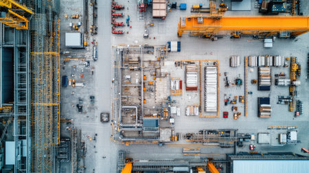 Aerial view of scaffolding sections extending across a large industrial structure, showcasing engineering complexity.の素材