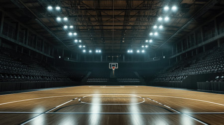 An empty basketball court inside a professional arena, with bright lights overhead and empty stands in the background.の素材