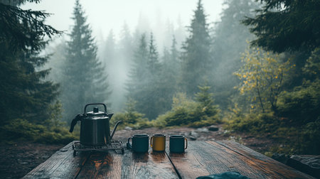 A camping stove, camping mugs, and a kettle placed on a wooden table in a campsite under tall pine trees.の素材