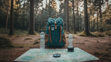 A camping backpack with water bottles, a compass, and a map laid out on a flat surface surrounded by pine trees.の素材