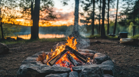 A glowing campfire with smoke rising into the air, surrounded by trees and illuminated by the warm firelight.の素材