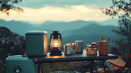 A camping table with cooking essentials, a lantern, and a cooler, set in front of a mountain view.の素材