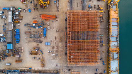 Aerial view of a shipyard with scaffolding surrounding a large vessel under repair.の素材