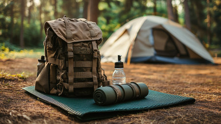 A camping mat, backpack, and water bottle arranged on the ground, with a tent visible in the background.の素材