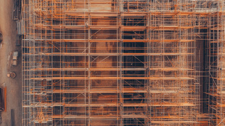 Aerial view of an urban renovation project with scaffolding covering an old historic building.の素材