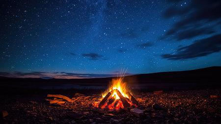 A campfire surrounded by scattered logs, with the night sky above and glowing stars visible in the distance.の素材