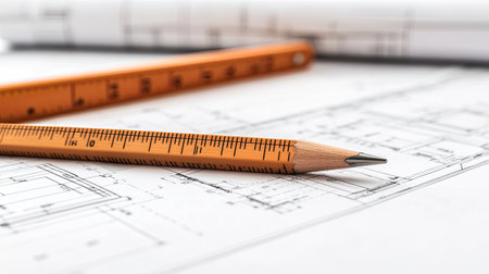 Architectural materials, including a stack of blueprints, a ruler, and a mechanical pencil, arranged on a white desk.の素材
