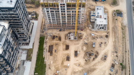Aerial view of scaffolding systems in a residential construction site, showing development progress.の素材