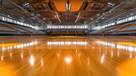 A grand multi-purpose arena with a sleek polished floor, empty seating, and soft lighting around the space.の素材