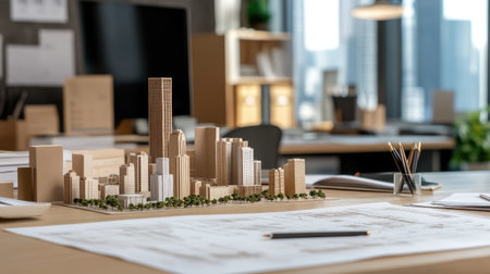 Architectural model parts and city planning layouts arranged neatly on a workspace for a creative concept.の素材