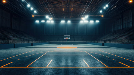 A detailed view of an empty sports arena, showcasing the bright lights and immaculate court in the center.の素材