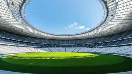 An outdoor stadium with an empty grass field and a circular seating arrangement, ideal for large events.の素材