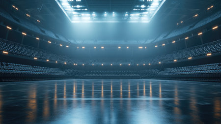 A grand multi-purpose arena with a sleek polished floor, empty seating, and soft lighting around the space.の素材