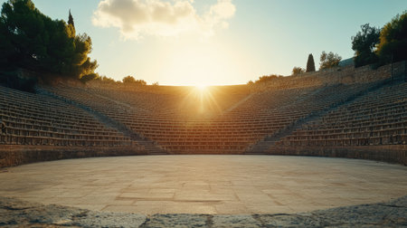 A breathtaking view of an open-air arena surrounded by empty seats, with a view of the sky stretching above.の素材