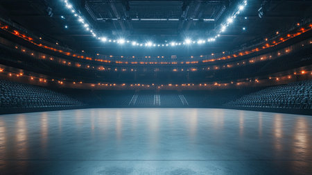 A grand multi-purpose arena with a sleek polished floor, empty seating, and soft lighting around the space.の素材