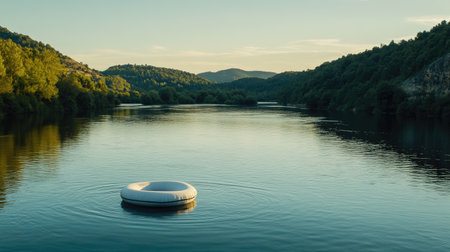 A peaceful river scene with an air mattress floating gently on the water, surrounded by green hills and clear skies.の素材