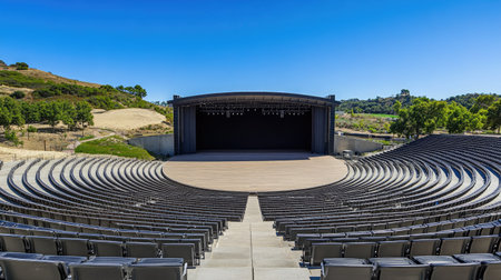 A large, empty amphitheater-style arena with curved seats facing a wide stage, ideal for outdoor performances.の素材