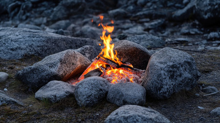 A low-angle view of a campfire with orange flames, surrounded by large stones in a secluded, peaceful campsite.の素材