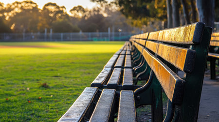 A serene shot of an outdoor arena, with a quiet field and rows of empty seats stretching into the distance.の素材