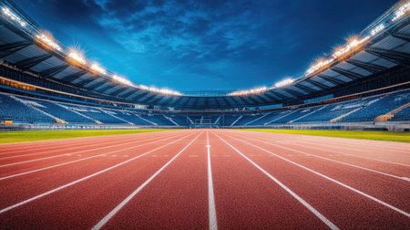 A spacious outdoor sports arena with a clean track, empty seats, and stadium lights ready to shine on the field.の素材